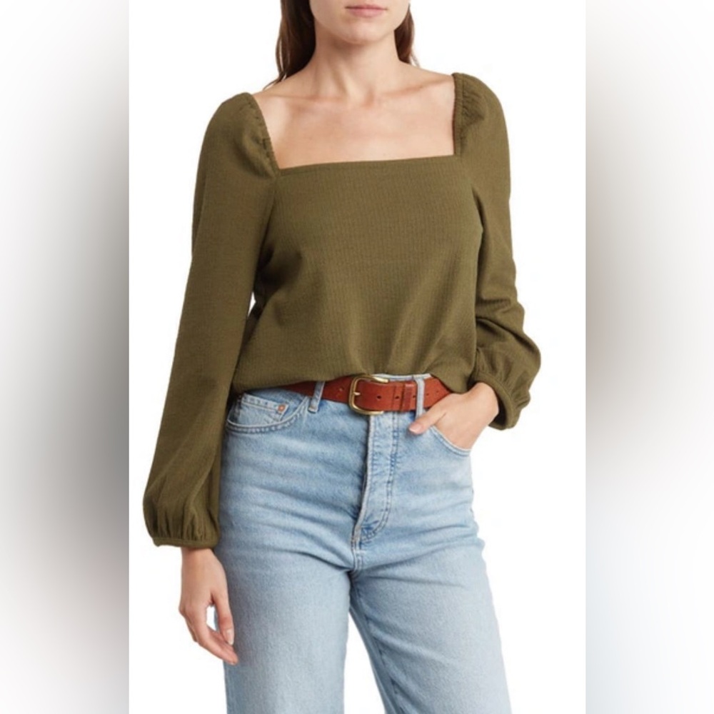 Madewell Crepe Square Neck Puff Sleeve Top In Kale